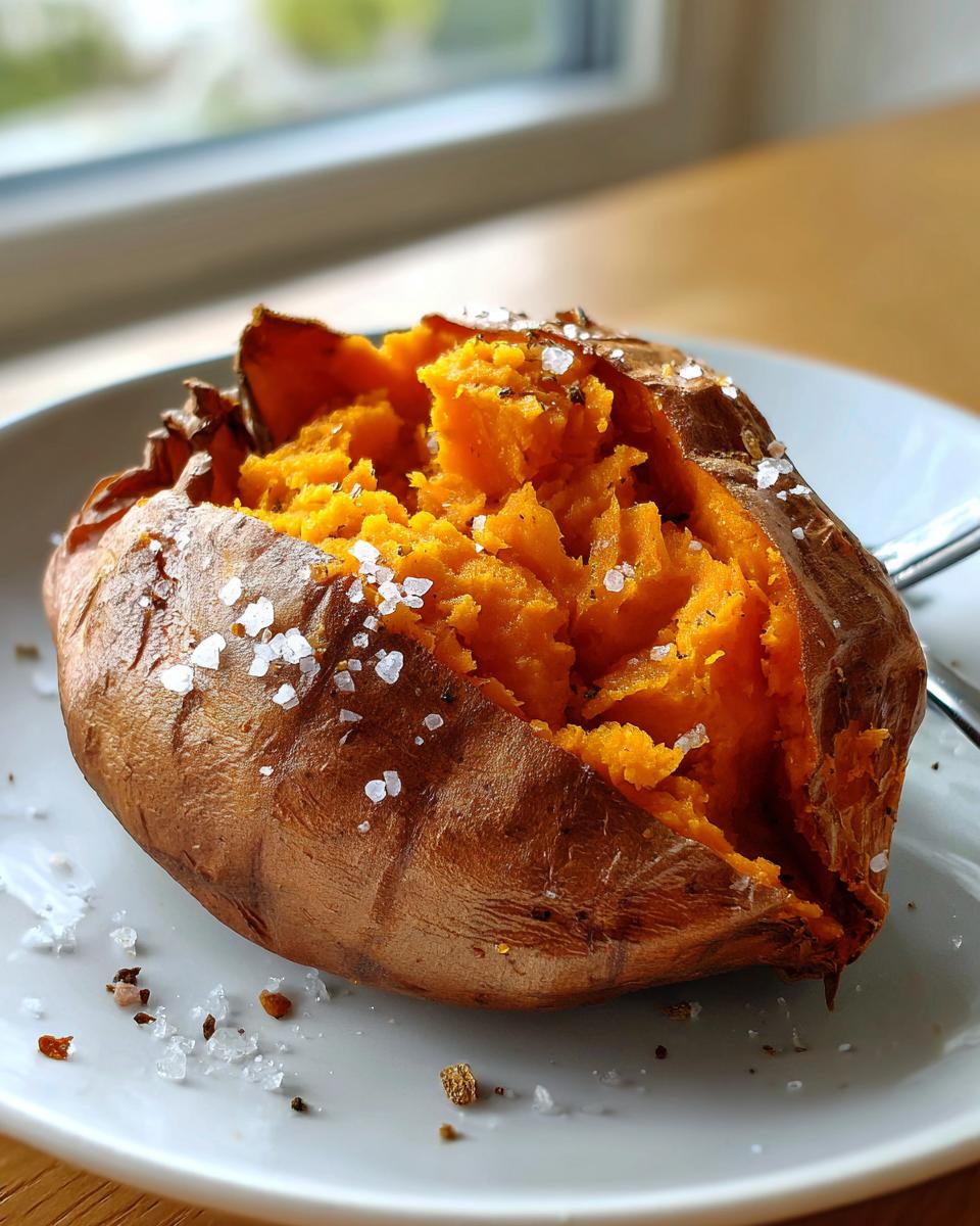 A fluffy baked sweet potato, split open and sprinkled generously with coarse sea salt.