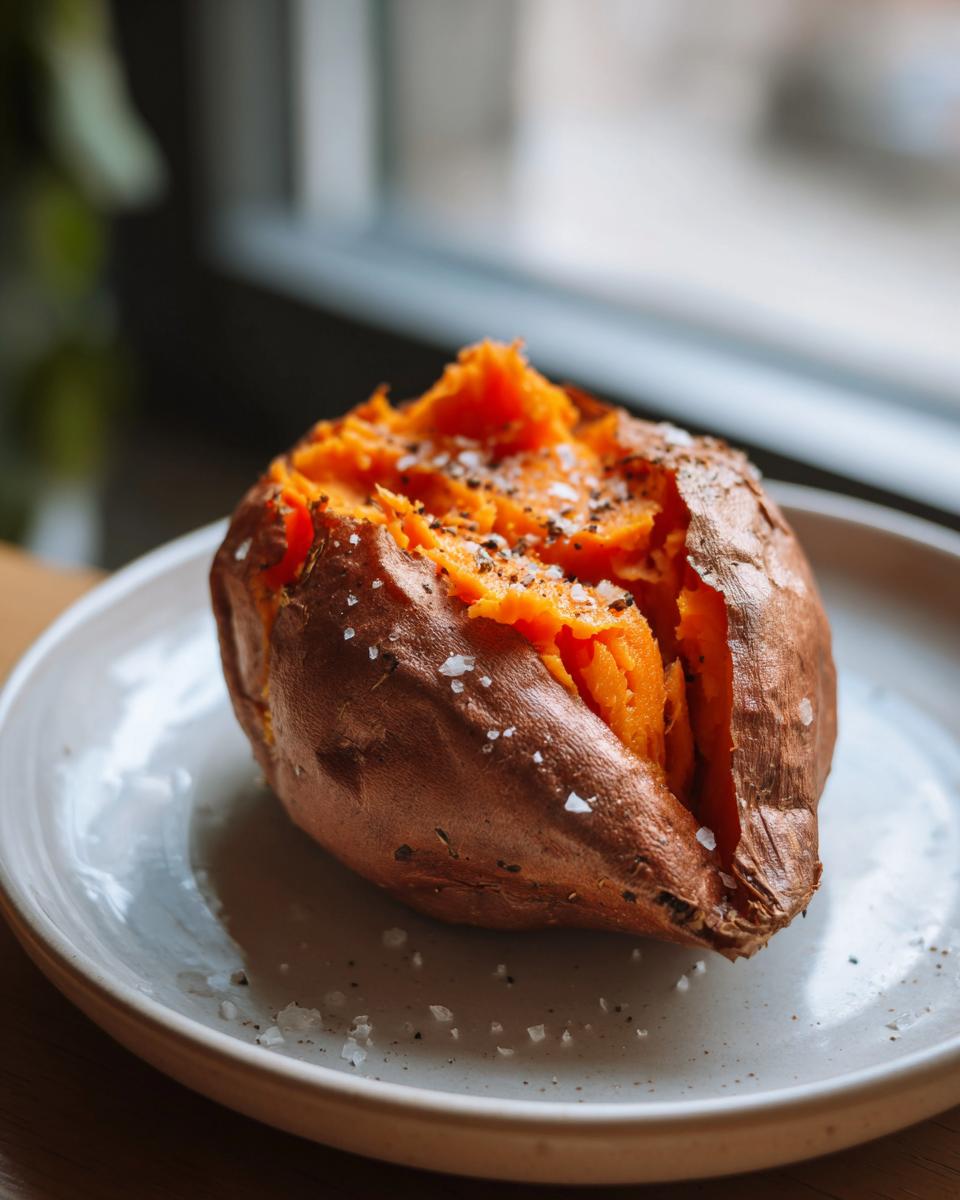 A perfectly baked sweet potato split open, showing fluffy orange flesh seasoned with coarse sea salt and black pepper.