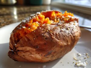Close-up of a perfectly baked sweet potato, split open to reveal fluffy orange flesh, seasoned with coarse salt and pepper.