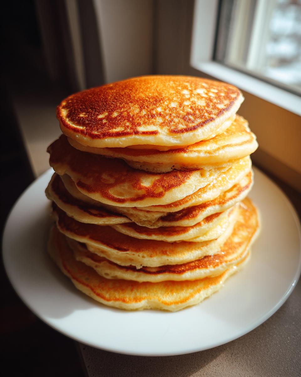 A tall stack of perfectly golden brown banana pancakes resting on a white plate near a window.