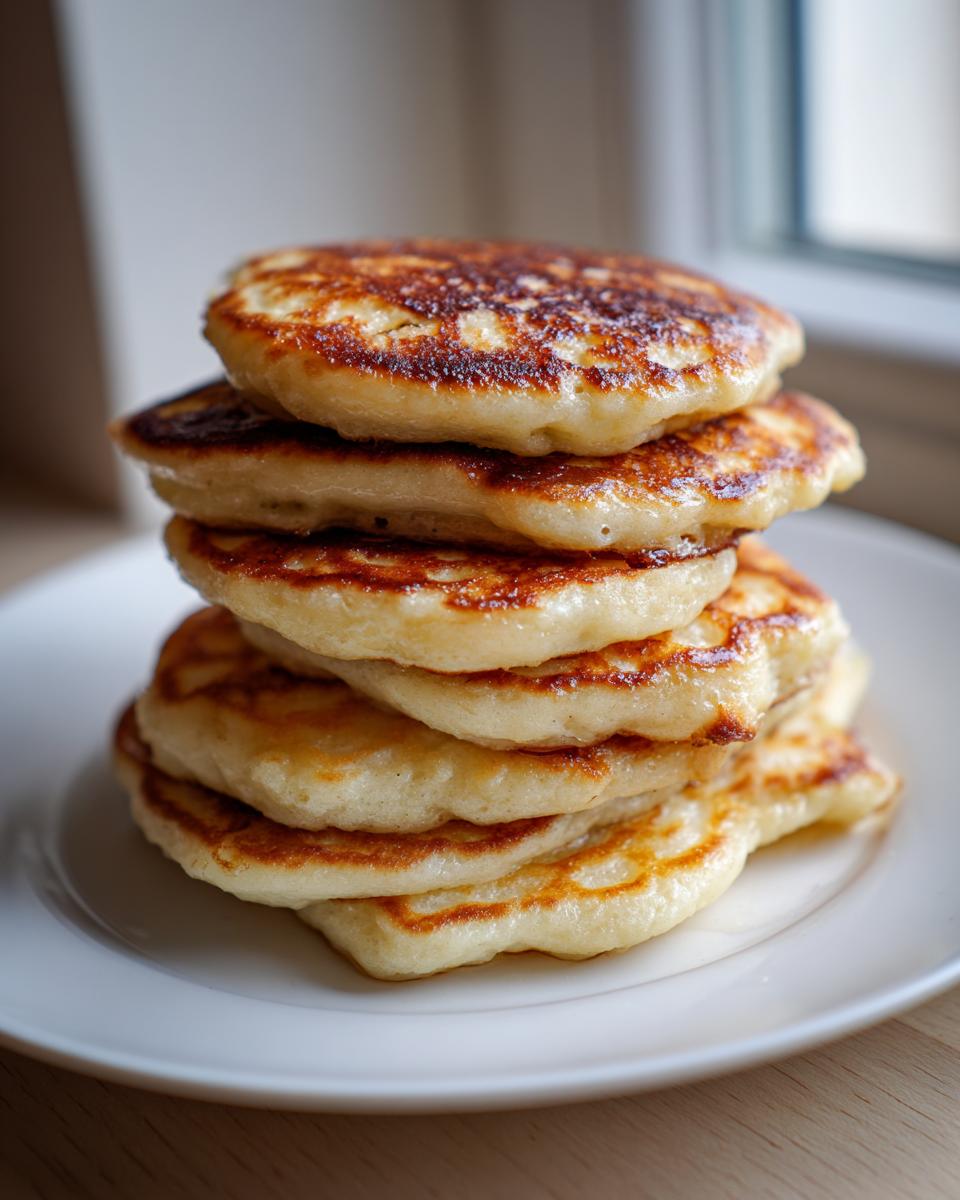 A tall stack of fluffy banana pancakes showing golden brown, slightly crispy edges on a white plate.
