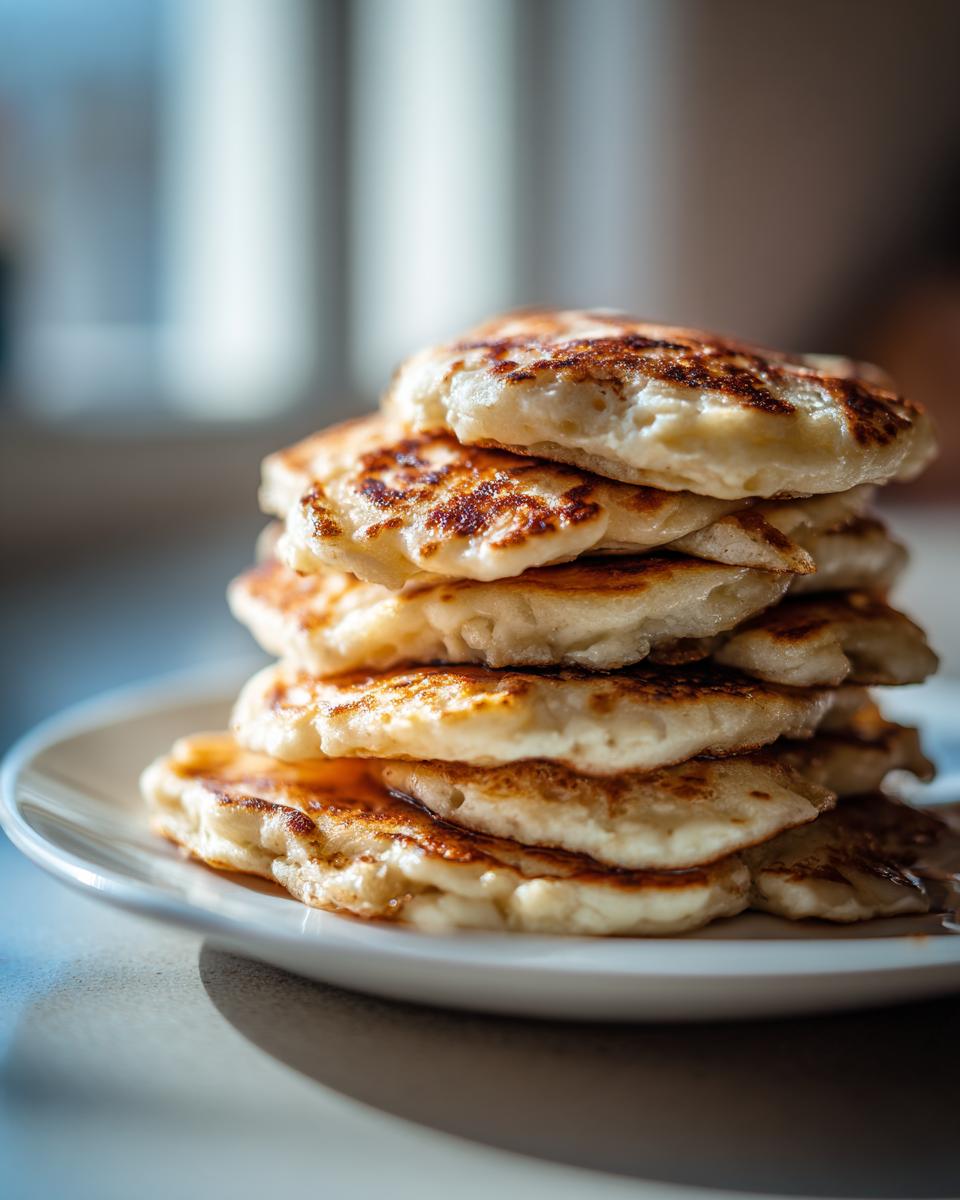 A tall stack of fluffy banana pancakes with golden-brown edges served on a white plate.