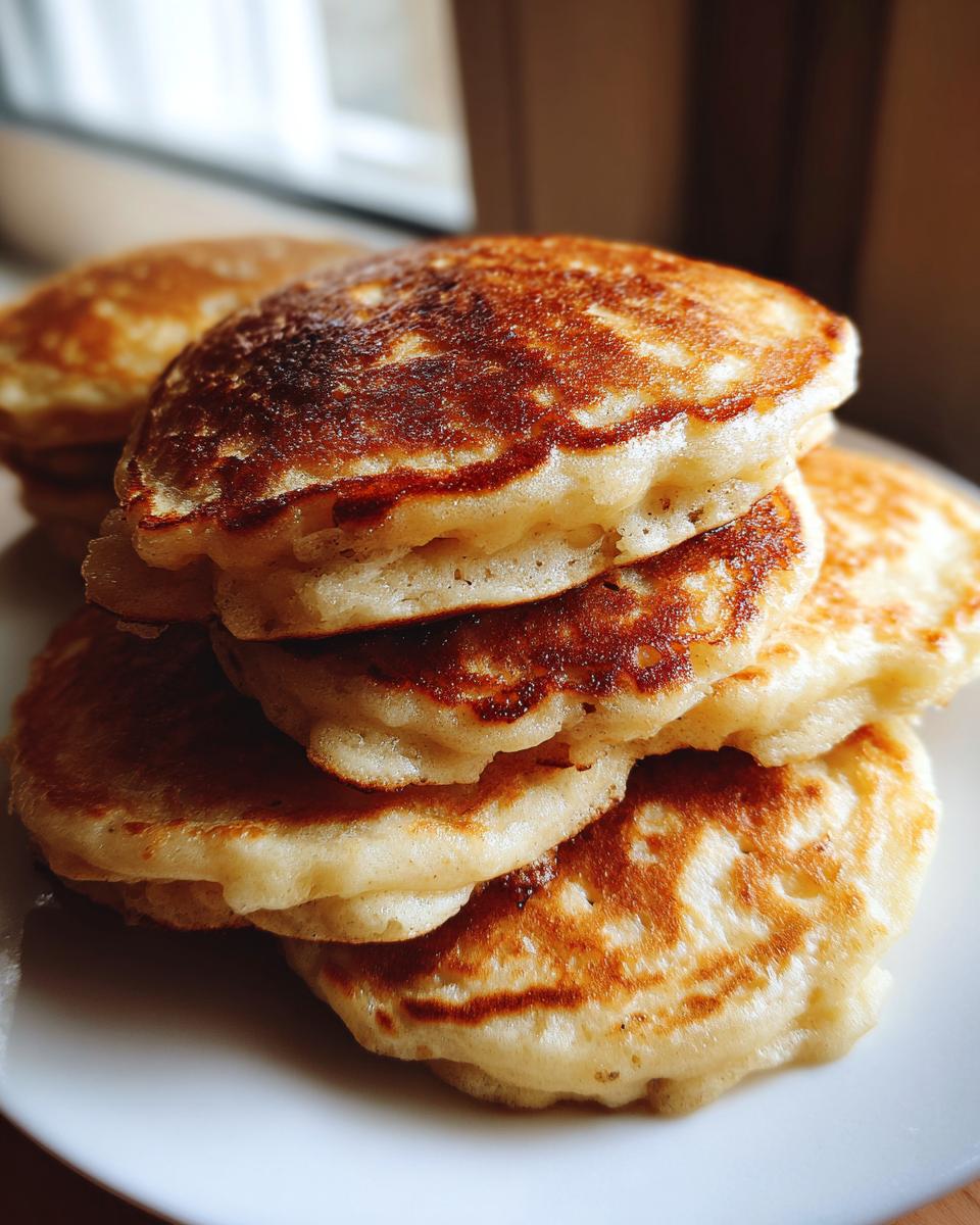 Close-up of a stack of fluffy banana pancakes with perfectly golden brown, slightly caramelized tops.