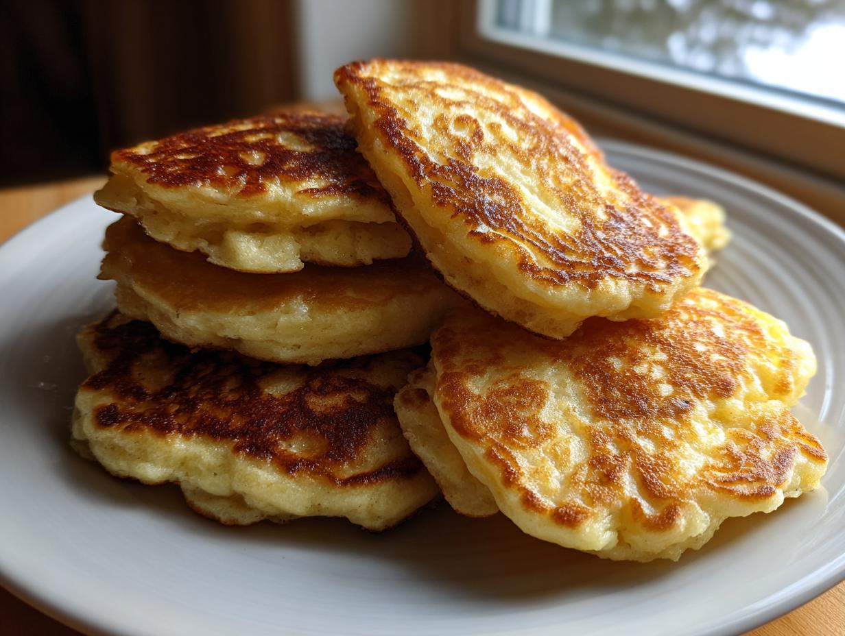 A close-up stack of five fluffy banana pancakes with perfectly golden-brown, slightly crispy edges, served on a light gray plate.