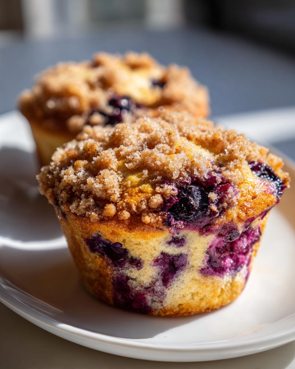 Close-up of a fluffy blueberry muffin with a golden crumb topping, showcasing vibrant purple blueberries.