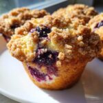 Close-up of a fluffy blueberry muffin featuring a generous brown sugar crumb topping and visible burst blueberries.