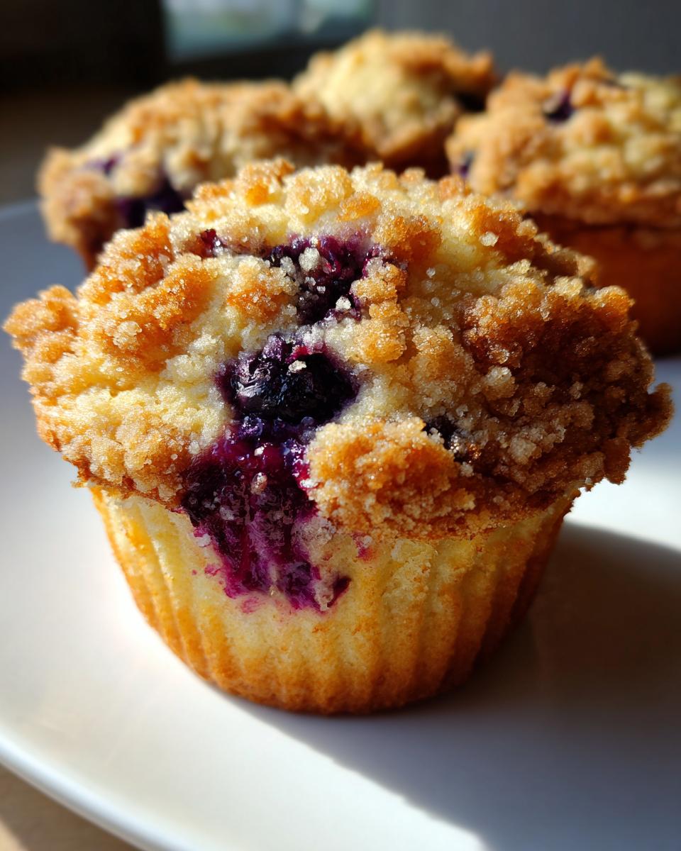 Close-up of a fluffy blueberry muffin featuring a golden crumb topping and bursting purple blueberries.