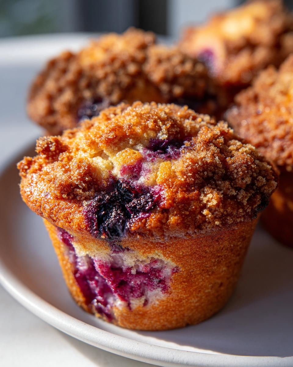 Close-up of a perfectly baked blueberry muffin featuring a golden crumb topping and bursting blueberries.