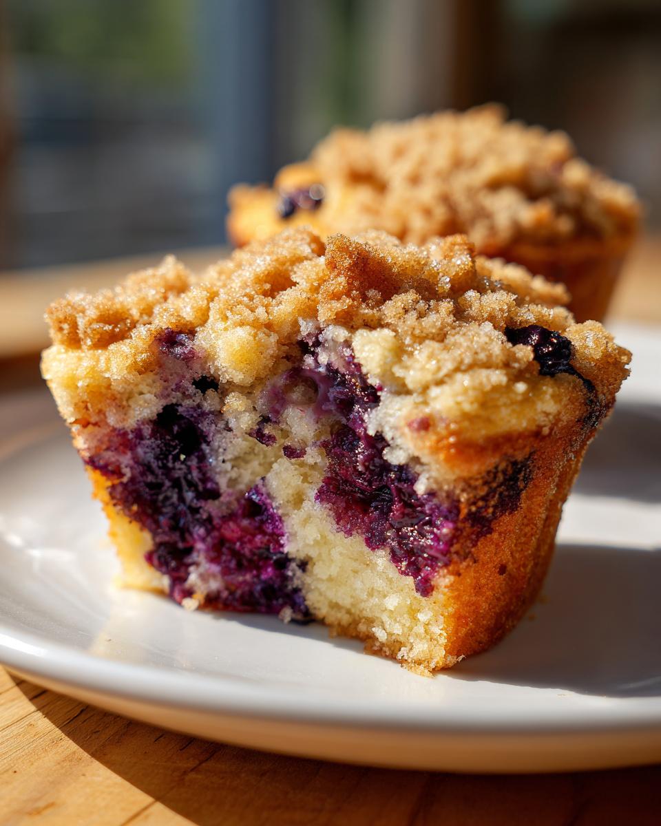 Close-up of a fluffy blueberry muffin cut in half, showing moist interior and sugary crumb topping.