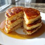 A tall stack of fluffy greek yogurt pancakes, cut to show the interior texture, drizzled with maple syrup.