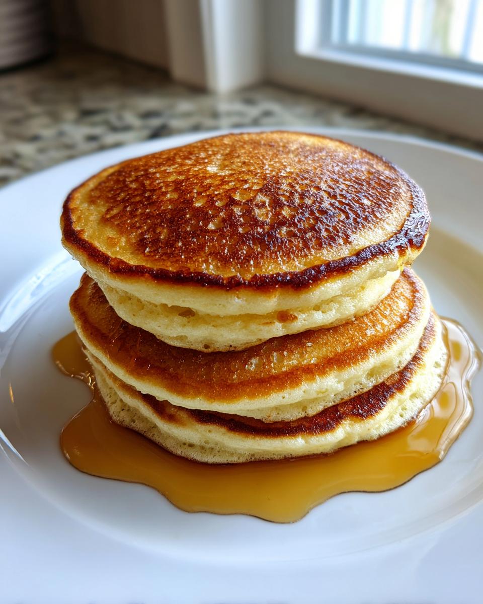 A tall stack of three fluffy greek yogurt pancakes drizzled with maple syrup on a white plate.