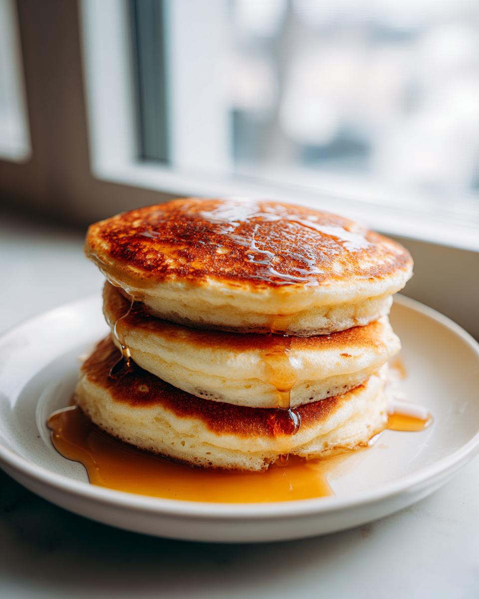 A stack of three fluffy greek yogurt pancakes drizzled generously with golden syrup.
