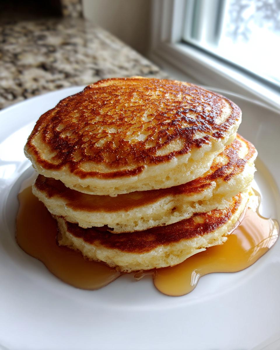 A stack of three fluffy greek yogurt pancakes drizzled with maple syrup on a white plate.