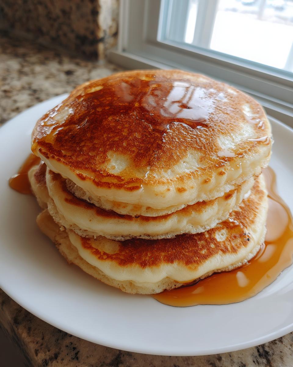 A stack of three fluffy greek yogurt pancakes drizzled generously with maple syrup on a white plate.