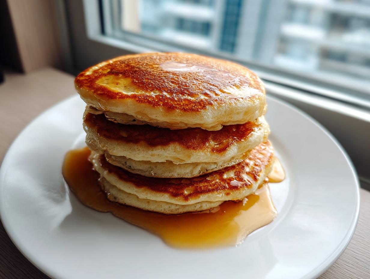 A tall stack of four fluffy greek yogurt pancakes drizzled with maple syrup on a white plate.