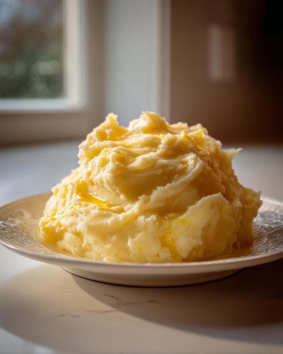 A mound of creamy, fluffy mashed potatoes topped with melted butter, served on a decorative white plate.