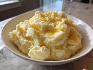 A close-up of fluffy, creamy mashed potatoes topped with melted butter and black pepper in a white bowl.