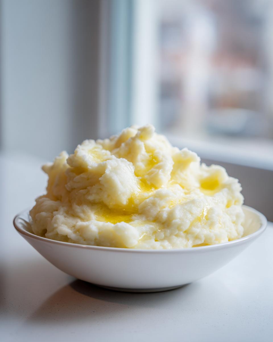 A close-up of a white bowl filled with fluffy mashed potatoes topped with melted butter, set near a bright window.