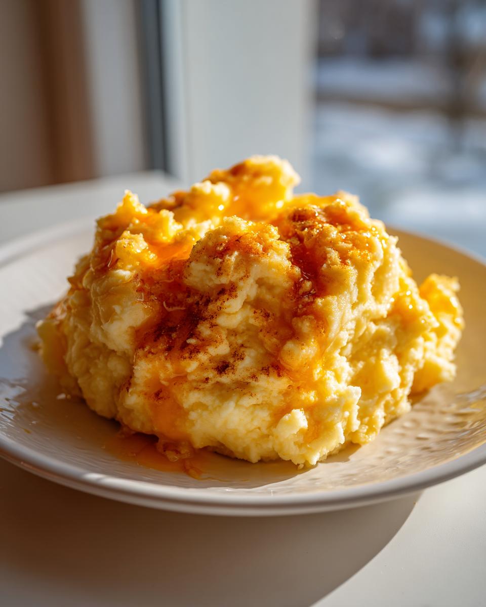 A serving of fluffy mashed potatoes topped with a golden, buttery drizzle and a sprinkle of spice.