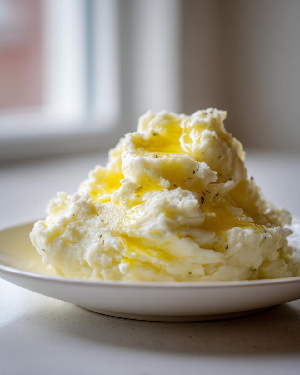 A generous serving of fluffy mashed potatoes topped with melted butter and herbs on a white plate.