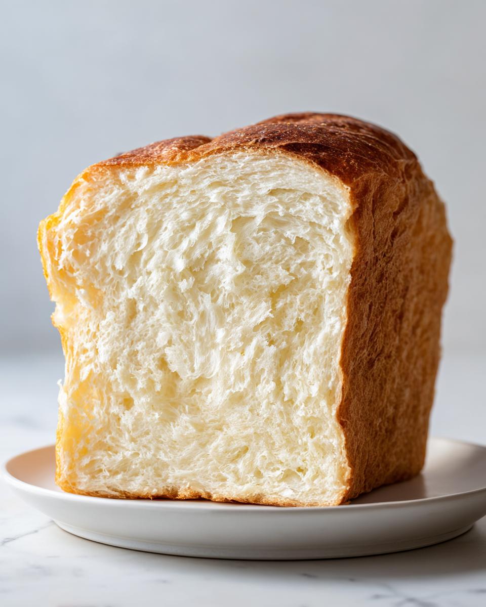 Close-up of a freshly baked loaf of milk bread showing its incredibly soft, white, and fluffy interior crumb.