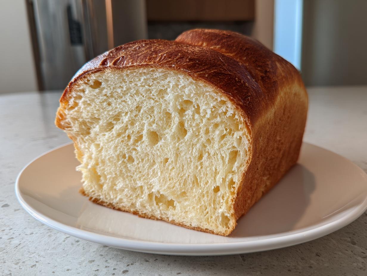 A close-up of a freshly baked loaf of milk bread, sliced to show its soft, airy interior and golden crust.