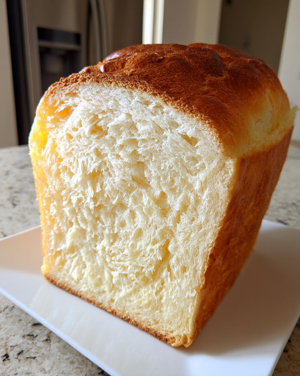 Close-up of a freshly baked milk bread loaf showing its incredibly soft, fluffy, and stringy interior crumb.