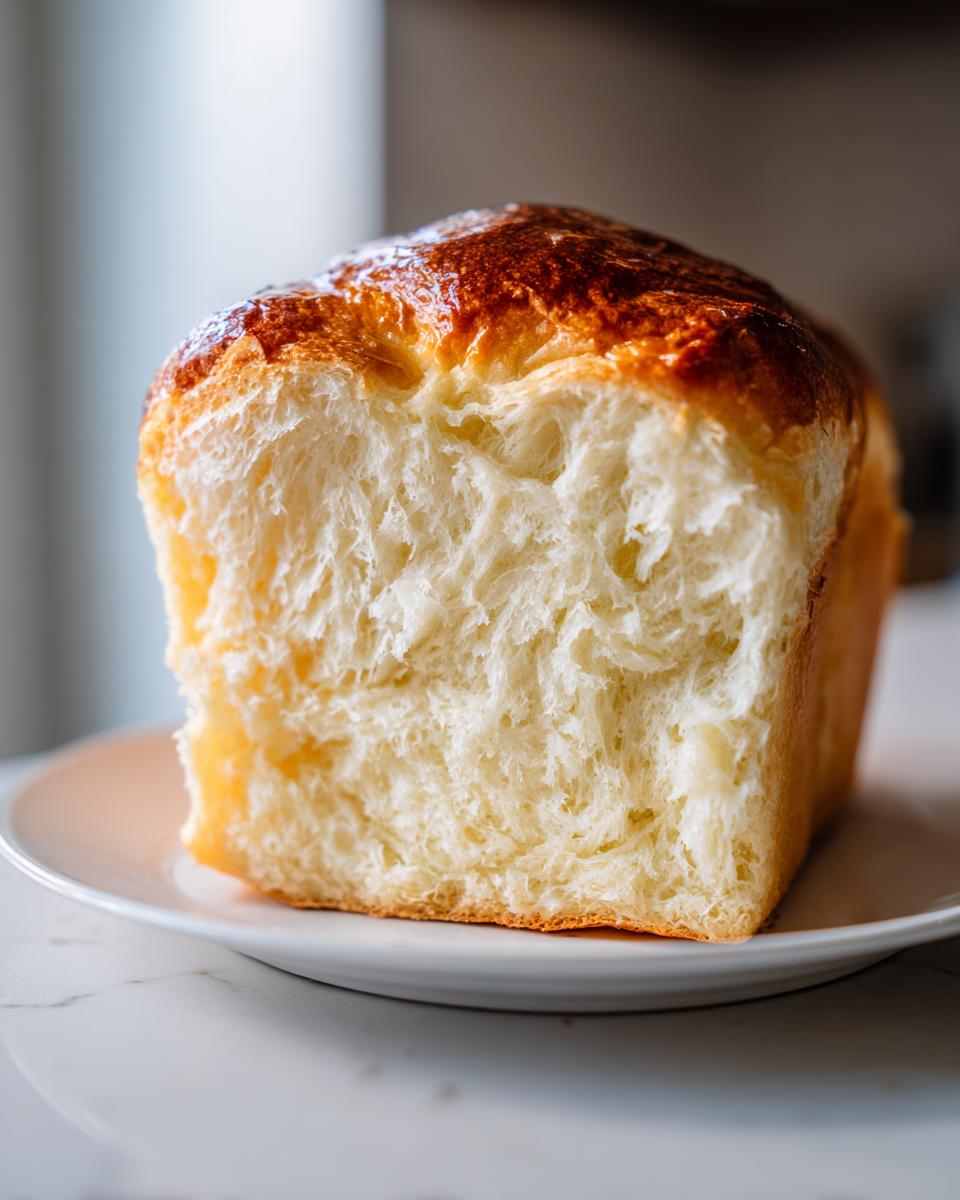 Close-up of a freshly baked loaf of milk bread showing its incredibly soft, stringy crumb and glossy brown crust.