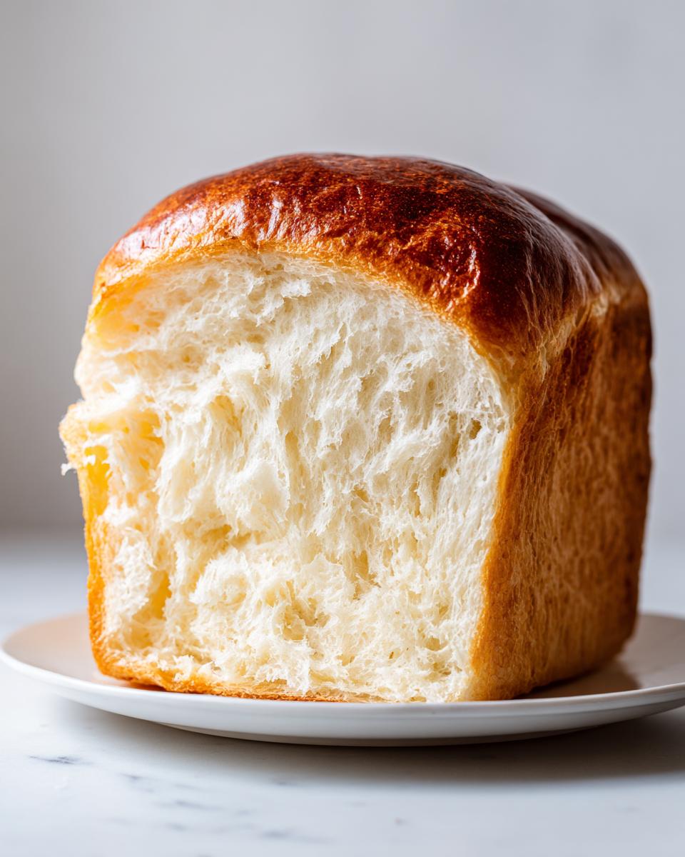 Close-up of a freshly baked loaf of milk bread with a rich golden crust and incredibly soft, white interior.