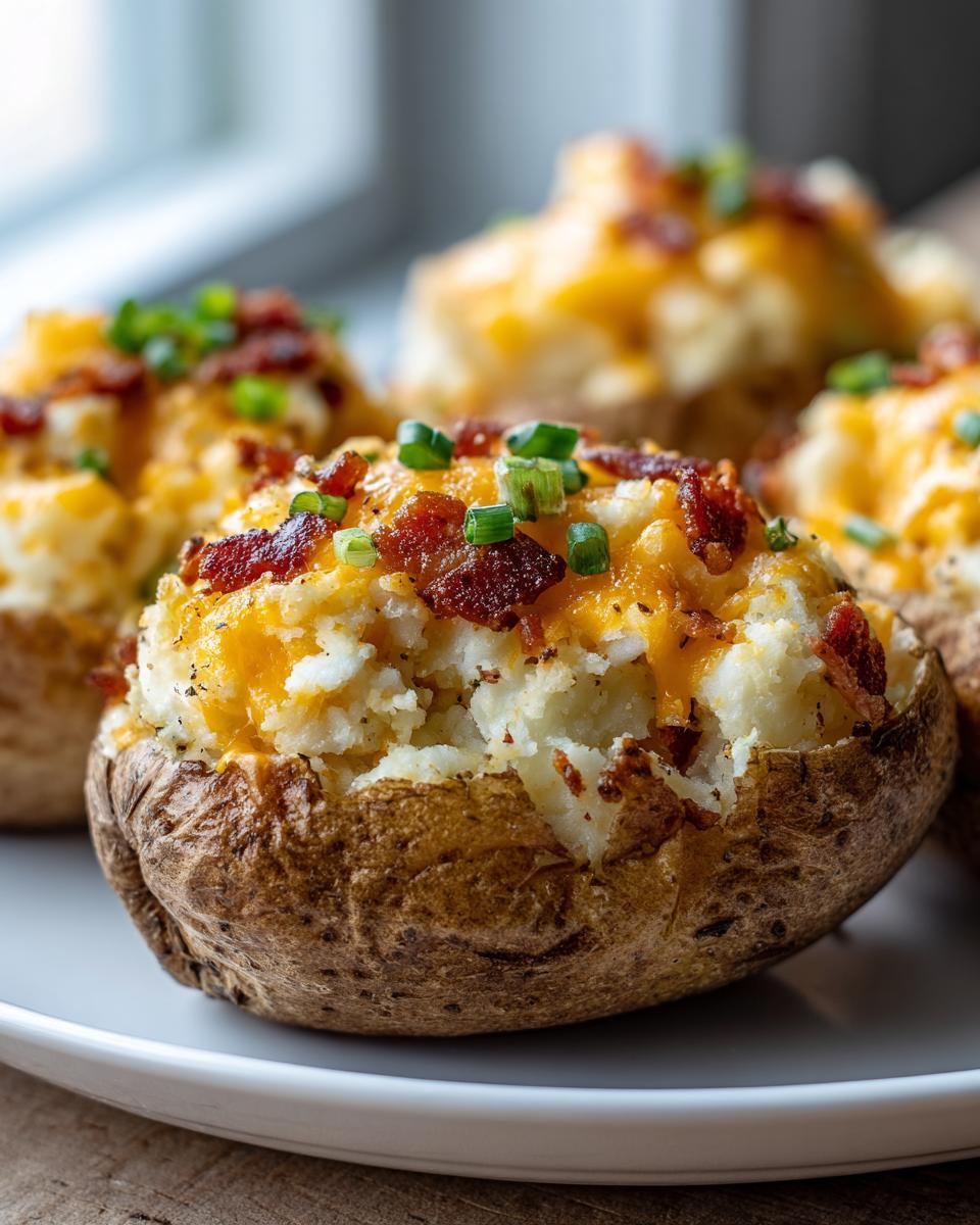 Close-up of a perfectly prepared twice baked potato stuffed with creamy filling, topped with melted cheddar cheese, bacon bits, and chives.