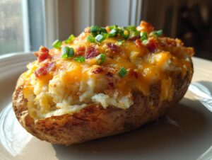 A close-up of a fluffy twice baked potato loaded with melted cheddar cheese, bacon bits, and green onions.