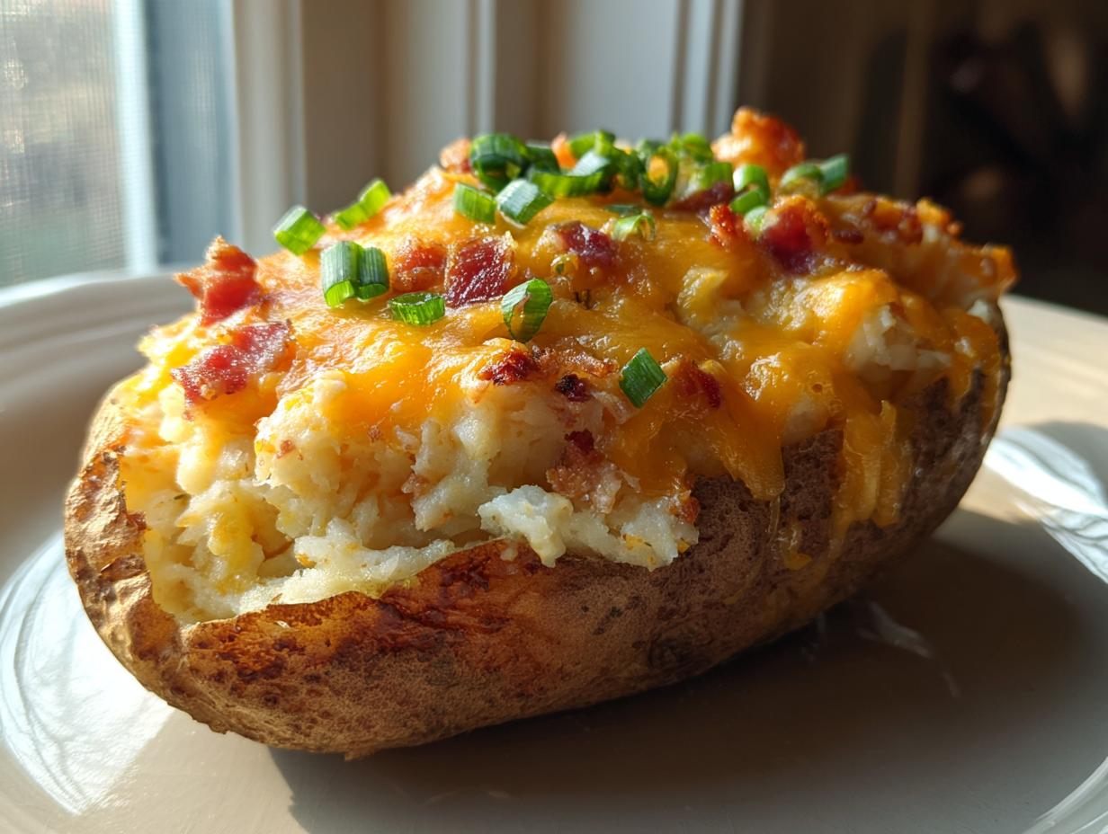 A close-up of a fluffy twice baked potato loaded with melted cheddar cheese, bacon bits, and green onions.