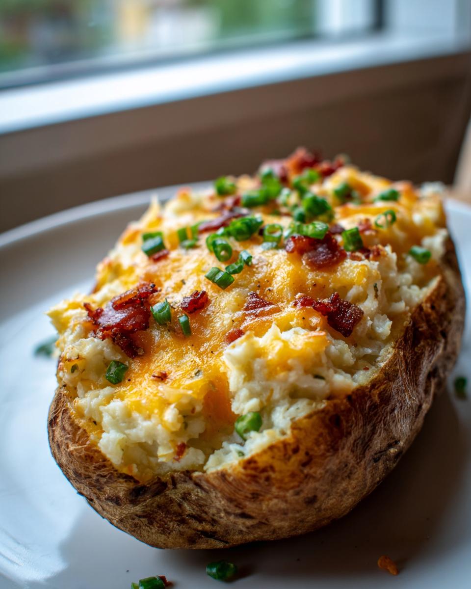 A close-up of a fluffy twice baked potato, generously topped with melted cheddar cheese, bacon bits, and fresh chives.