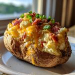 A close-up of a fluffy twice baked potato overflowing with mashed potato filling, melted cheddar cheese, bacon bits, and chives.