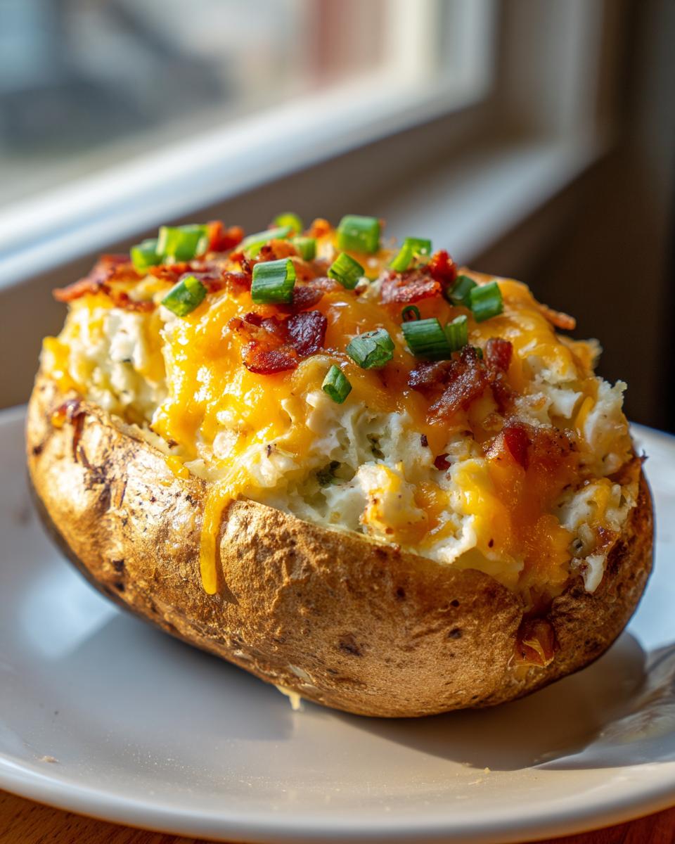 A close-up of a fluffy twice baked potato stuffed with cheesy filling, topped with melted cheddar, bacon bits, and green onions.