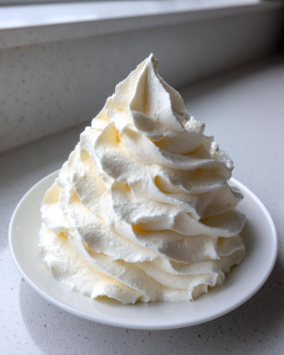 A tall, perfectly piped swirl of fluffy vanilla buttercream frosting sitting on a small white plate.
