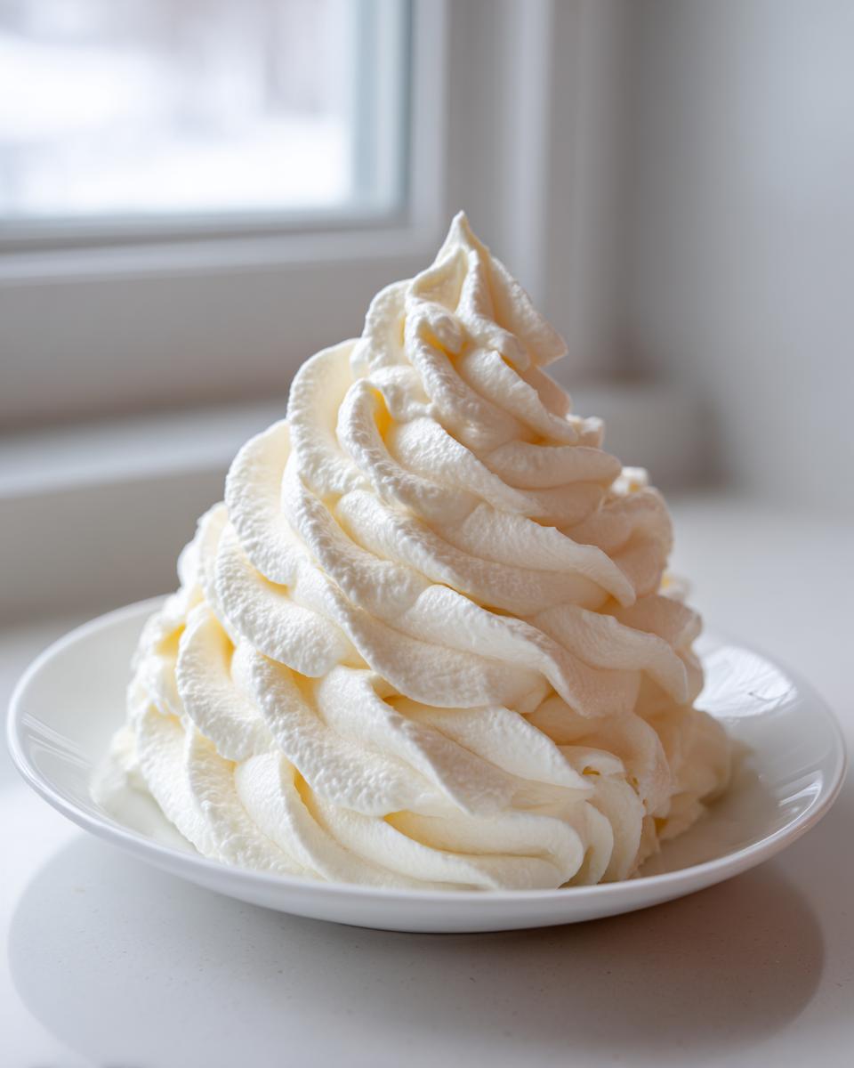 A tall, perfectly piped swirl of fluffy vanilla buttercream frosting on a small white plate.