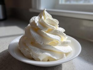A perfect swirl of fluffy vanilla buttercream frosting piped into a small white bowl, highlighted by natural light.