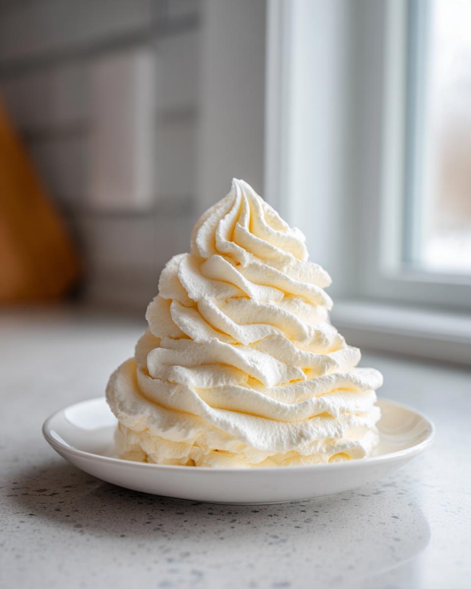 A tall, perfectly piped swirl of fluffy vanilla buttercream frosting served on a small white saucer.
