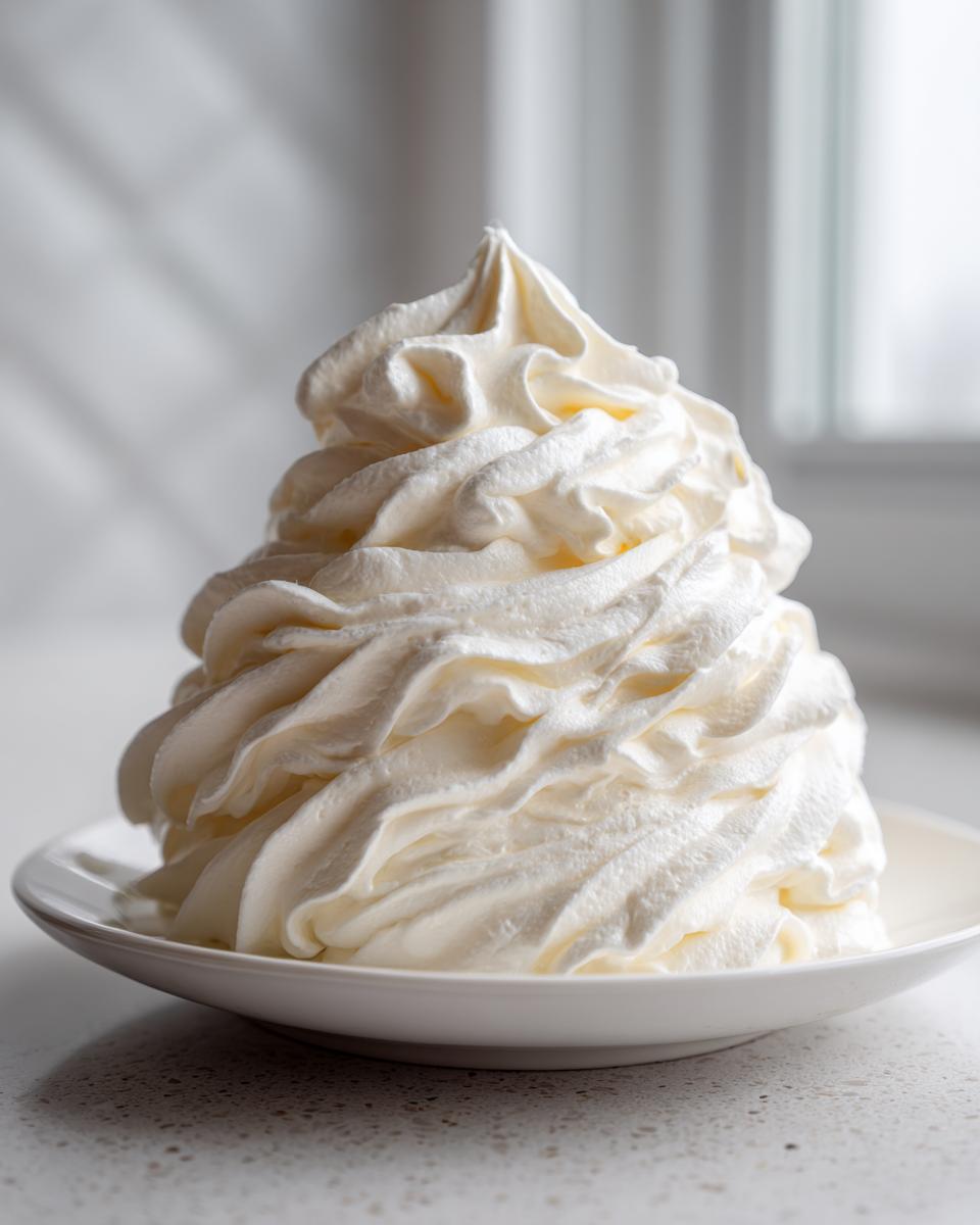 A tall, perfectly piped swirl of fluffy vanilla buttercream frosting sitting on a small white plate.