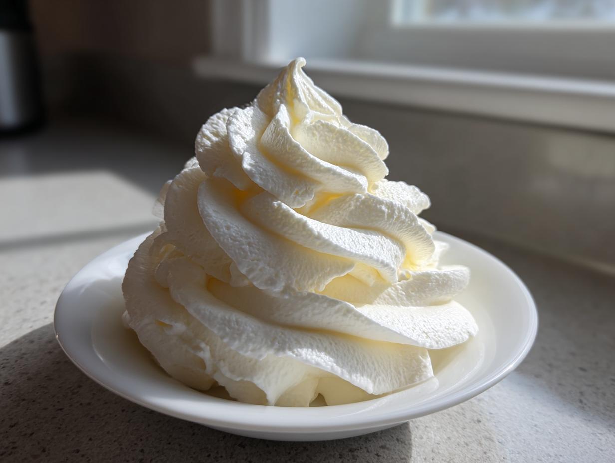 A perfect swirl of fluffy vanilla buttercream frosting piped into a small white bowl, highlighted by natural light.