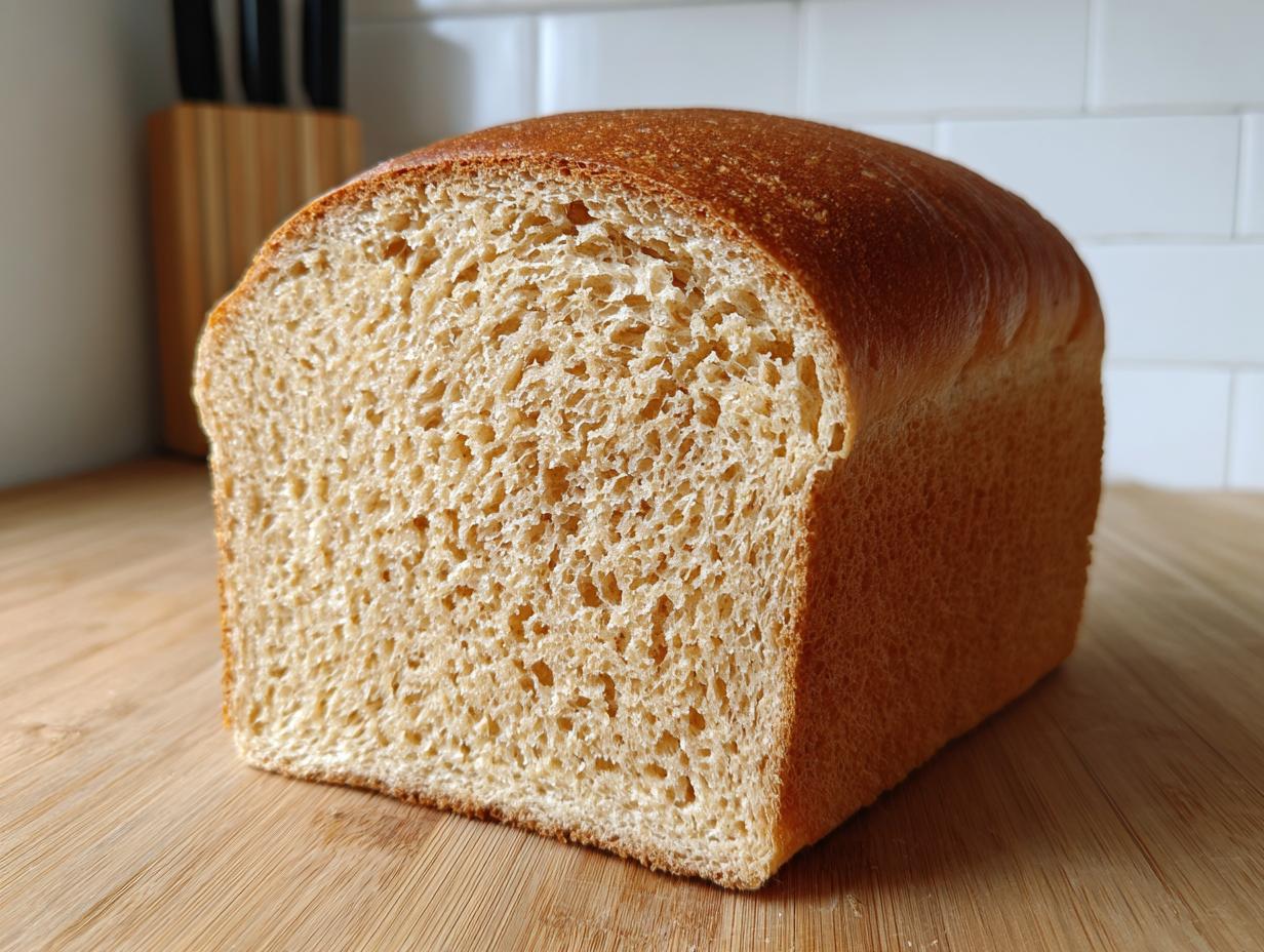A close-up view of a freshly baked, soft whole wheat bread loaf sliced to show its fine, even crumb structure.