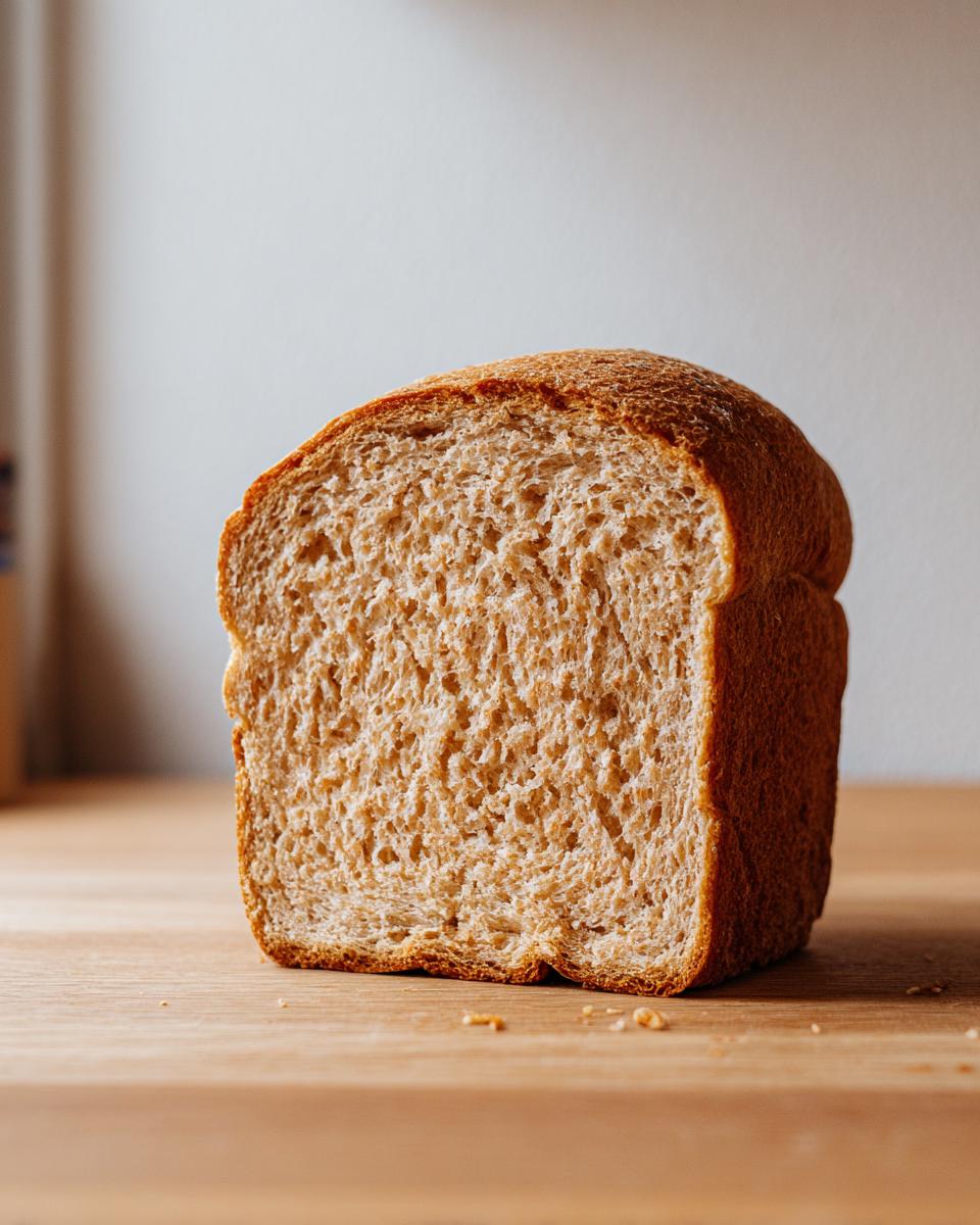 A close-up shot of a freshly baked loaf of fluffy whole wheat bread, showing its soft, even crumb texture.