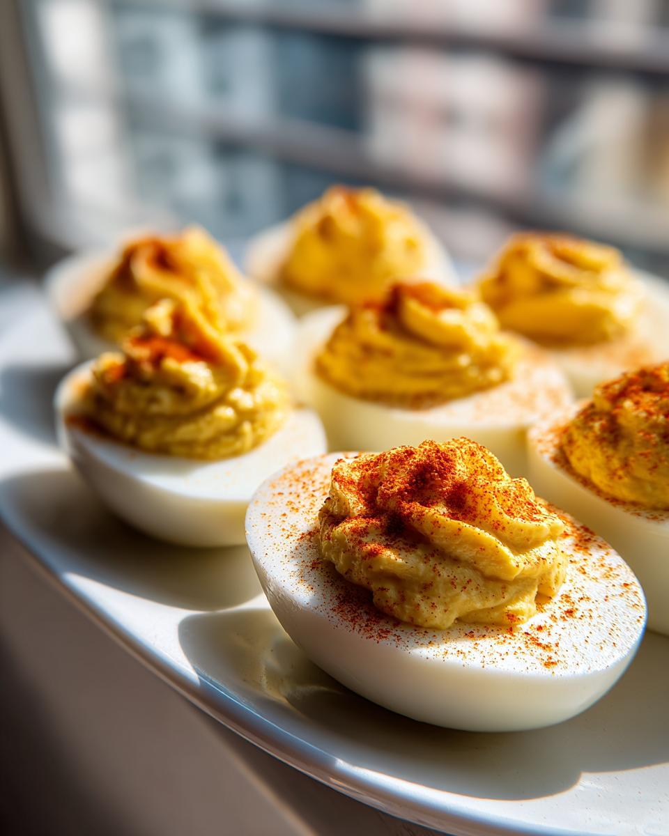 Close-up of several perfectly piped deviled eggs sprinkled with paprika on a white platter.