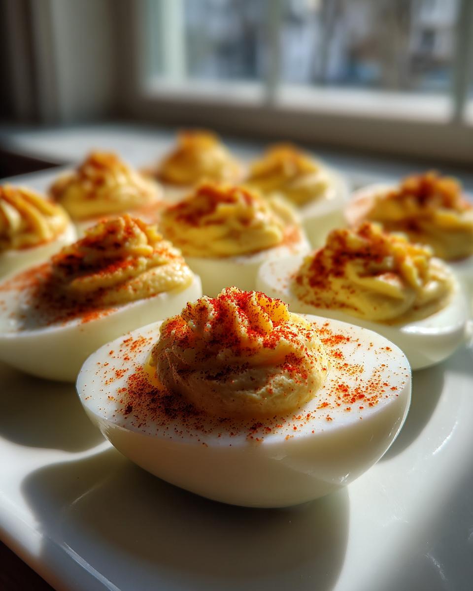 Close-up of creamy, piped deviled eggs sprinkled with bright red paprika on a white plate.