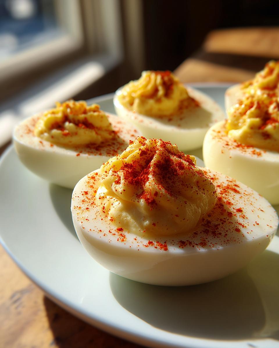 Close-up of creamy, piped deviled eggs dusted generously with bright red paprika on a light plate.