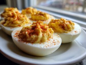 Close-up of creamy, piped deviled eggs sprinkled with paprika on a white plate.