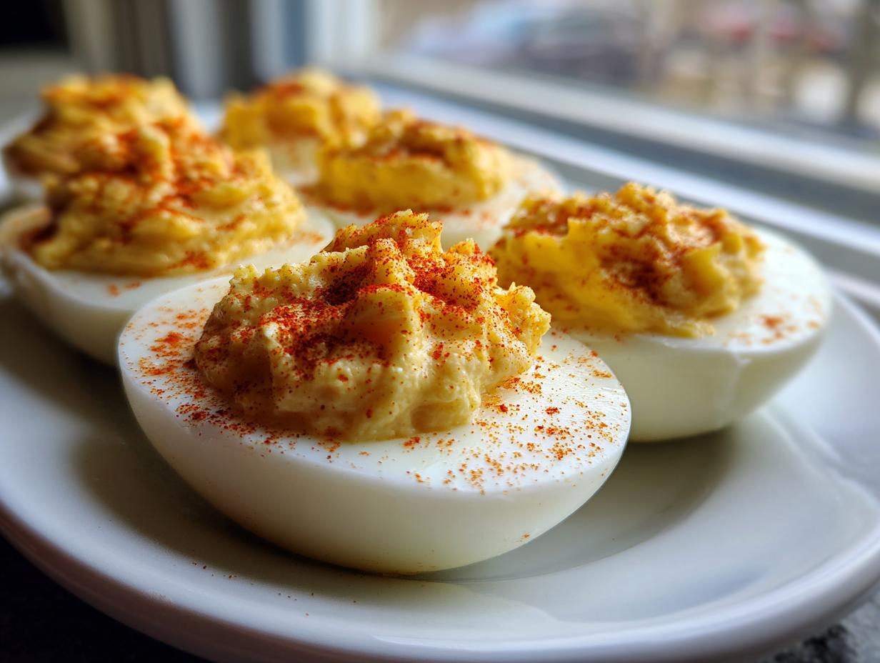 Close-up of creamy, piped deviled eggs sprinkled with paprika on a white plate.