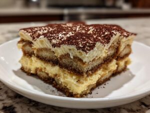 A close-up of a rich, layered slice of homemade tiramisu recipe dusted heavily with cocoa powder.