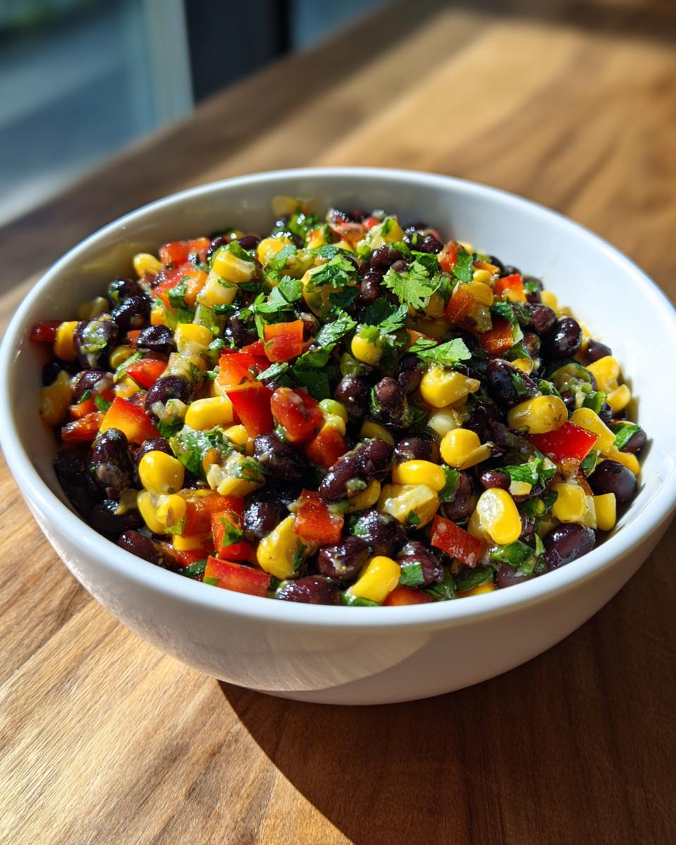 Close-up of vibrant cowboy caviar featuring black beans, corn, red peppers, and cilantro in a white bowl.